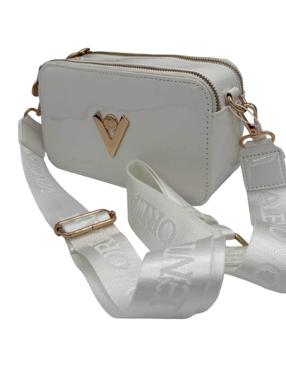 White Patent Crossbody Bag with Gold V Accent